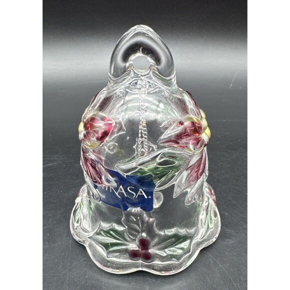 VTG Mikasa Christmas Bell Crystal Frosted Glass Poinsettias Made In Germany 4.5” - Picture 1 of 8